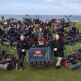 Course manager Stewart Duff, left, with Stewart Tait, centre, and Richard Green from Reesink Turfcare, with the greenkeeping team at Gullane Golf Club.