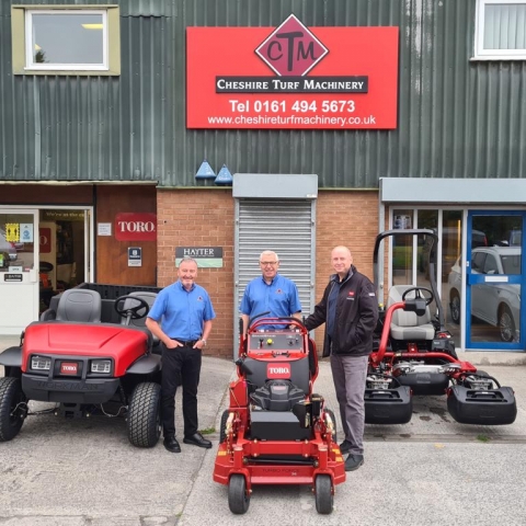 Steve Halley, managing director at Cheshire Turf Machinery, centre, with Peter McGreevy, sales director, left, and Mark Woodward, service director, at the company premises in Stockport near Manchester.