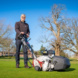 Estate manager and director at Royal Norwich Peter Todd with the Toro Greensmaster 1026 pedestrian mower which was chosen for more efficient cutting of the rectangular tee boxes.