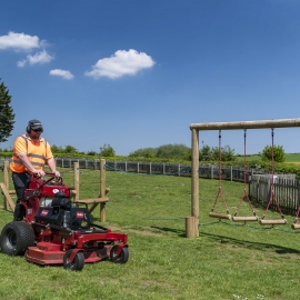 HHA Grounds Maintenance has been especially pleased with Toro’s GrandStand, seen in action here, for being compact and nimble with a beautiful cut.