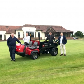 From left, course manager Brian Finlayson and manager David Addison from Kilmarnock Barassie Golf Club, with area sales specialist Gareth Rogers and branch manager Richard Green both from Reesink Turfcare, with Toro’s Workman HDX-D heavy-duty utility vehi