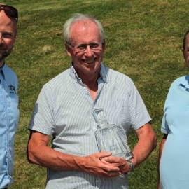 Robert Bayliss (centre) holding his Reesink/Toro decanter with Elliot Wellman (left) and retired Reesink Turfcare area manager John Pike.