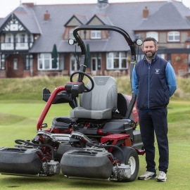 John McLoughin, course manager at Wallasey Golf Club, with Toro’s all-electric Greensmaster eTriFlex 3370.