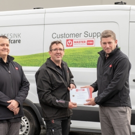 Reesink UK’s first Master Service Technician is David Creasy, centre, with Reesink’s Lee Rowbotham, right, and Peter Clarke.