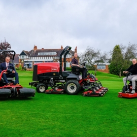 Course manager Jim Gilchrist (right), sitting on the GreensPro 1260, and David Timms (left) and Dan Tomberry from Reesink, on the Groundsmaster 3250-D and Groundsmaster 4500-D, respectively.