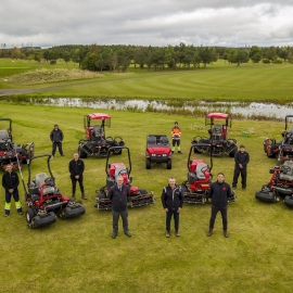 Longhirst Hall Golf Club’s Graham Chambers, forefront centre, with Andrew Hutchinson, Lloyds Ltd, right and Reesink’s Mike Turnbull, with the Toro fleet and greenkeeping team.