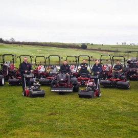 Boringdon Park Golf Club’s course manager Justin Austin, forefront centre, with Steve Dommett, Devon Garden Machinery, right and Reesink’s David Timms, with the Toro fleet and greenkeeping team.