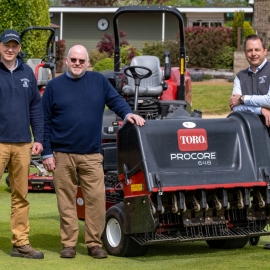 Course manager Tom Smart (left) and general manager Mike Verhelst (right) from Bury St Edmunds Golf Club with Reesink rep Julian Copping and the club’s new Toro machinery.