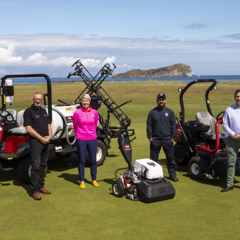 North Berwick’s general manager Elaine McBride and course manager Darren MacLaughlan (centre) with Reesink’s reps Richard Green (right) and Neil Mackenzie, posing with the club’s Toro machines.