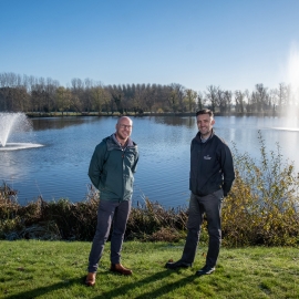 Wyboston Lakes Resort has chosen two Otterbine fountains to complement natural beauty of two lakes, pictured here, with Simon Coleman, deputy maintenance manager, at the resort, right, and Simon Powell from Reesink.