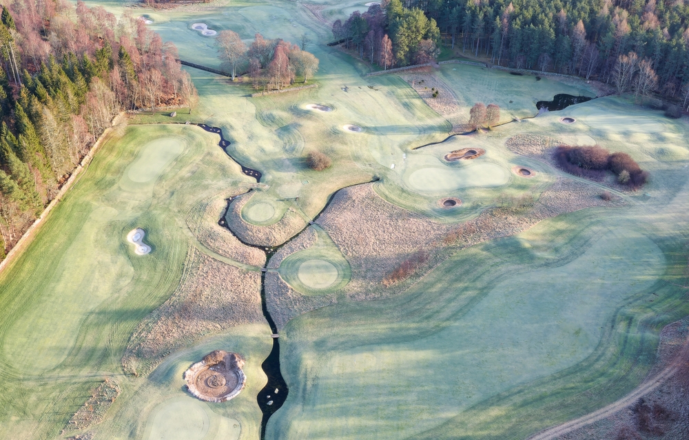 An aerial shot of Loch Lomond golf course on a frosty morning.