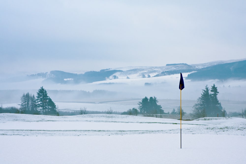 A snowy golf course.